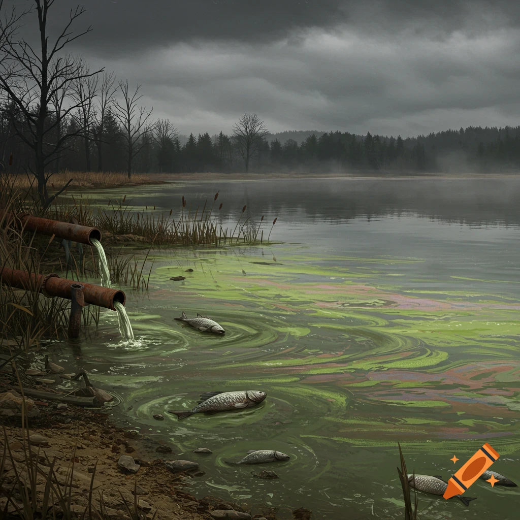 Rusty pipes dump waste into a murky green lake filled with dead fish under a dark, stormy sky.