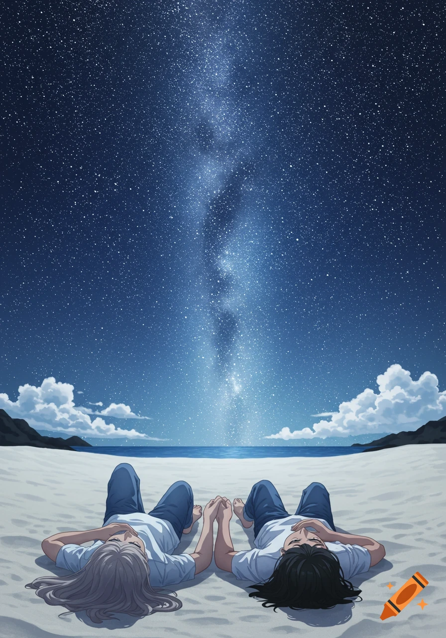 Anime couple holding hands on a sandy beach, gazing up at the vibrant Milky Way in the night sky.