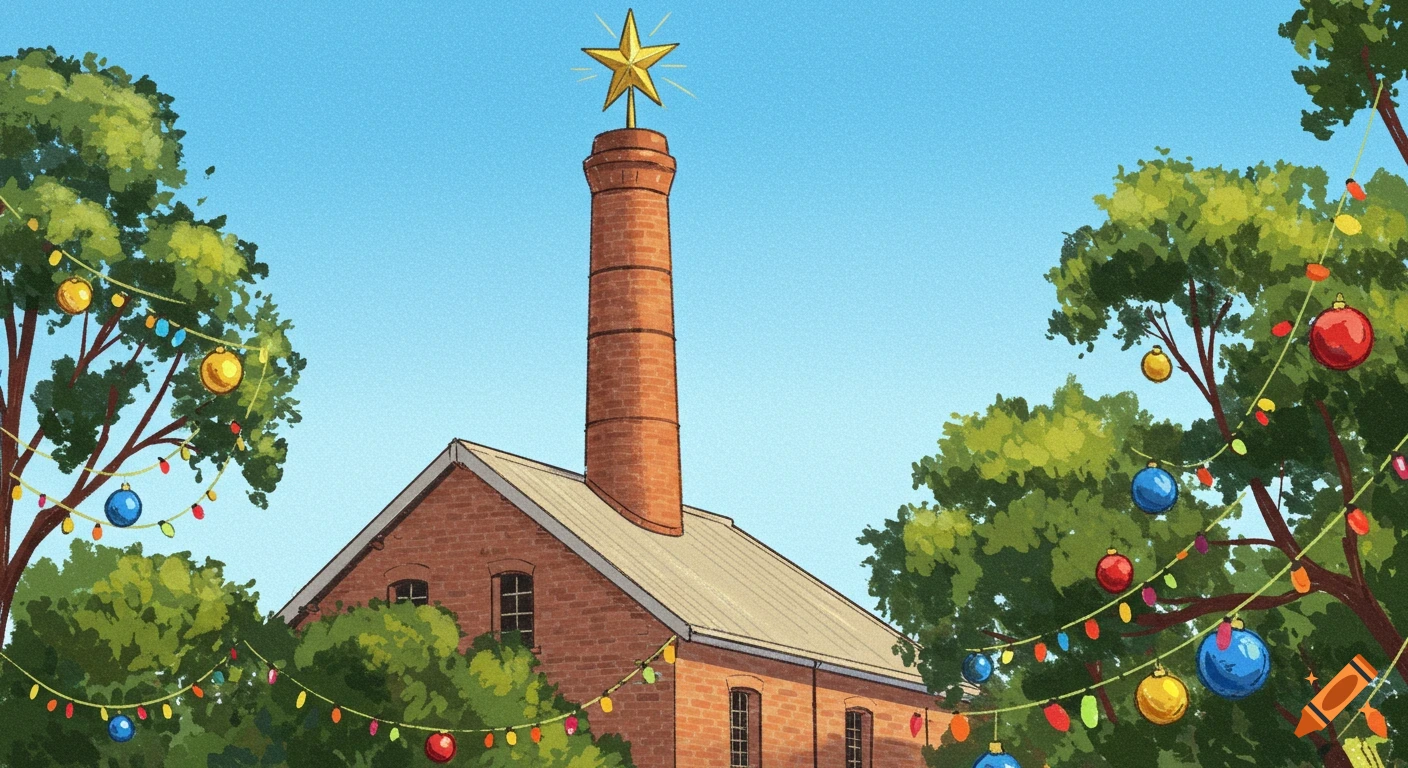 A stylized brick building with a golden star on its chimney, surrounded by trees decorated with colorful Christmas lights and baubles.