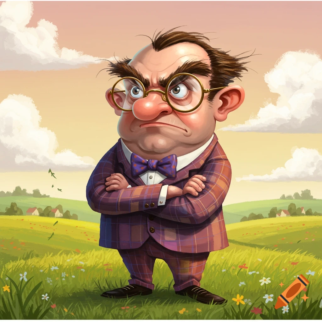A grumpy, round-faced cartoon man with glasses, a plaid suit, and a bow tie stands with crossed arms in a sunny, flowery green field.