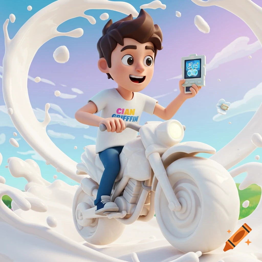 A cartoon boy with brown hair on a milk motorcycle, wearing a 'CIAN GRIFFIN' shirt, holding a phone, surrounded by splashing milk.