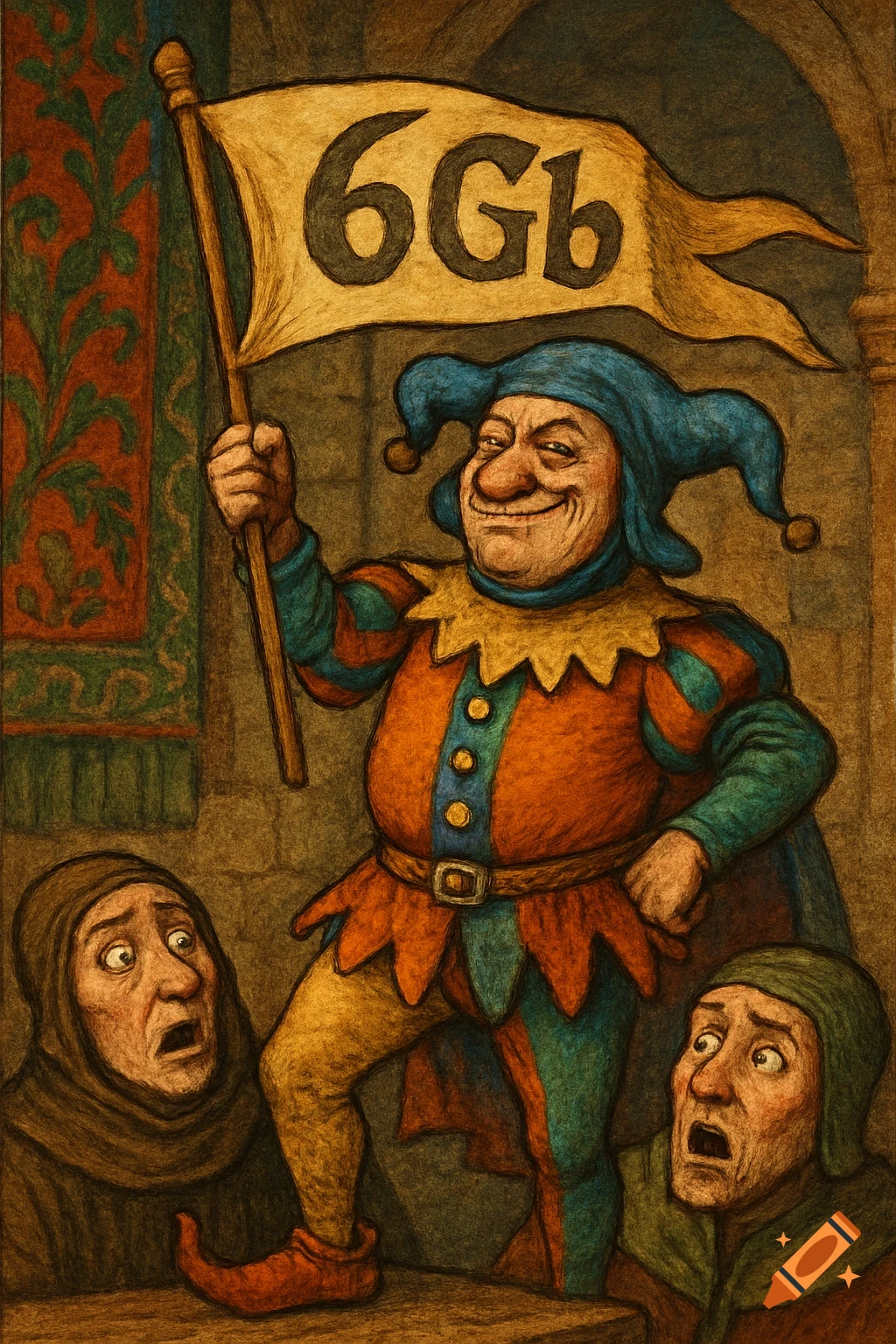 A medieval-style caricature of a jester proudly holding a flag with "6Gb" while two people look on in surprise.