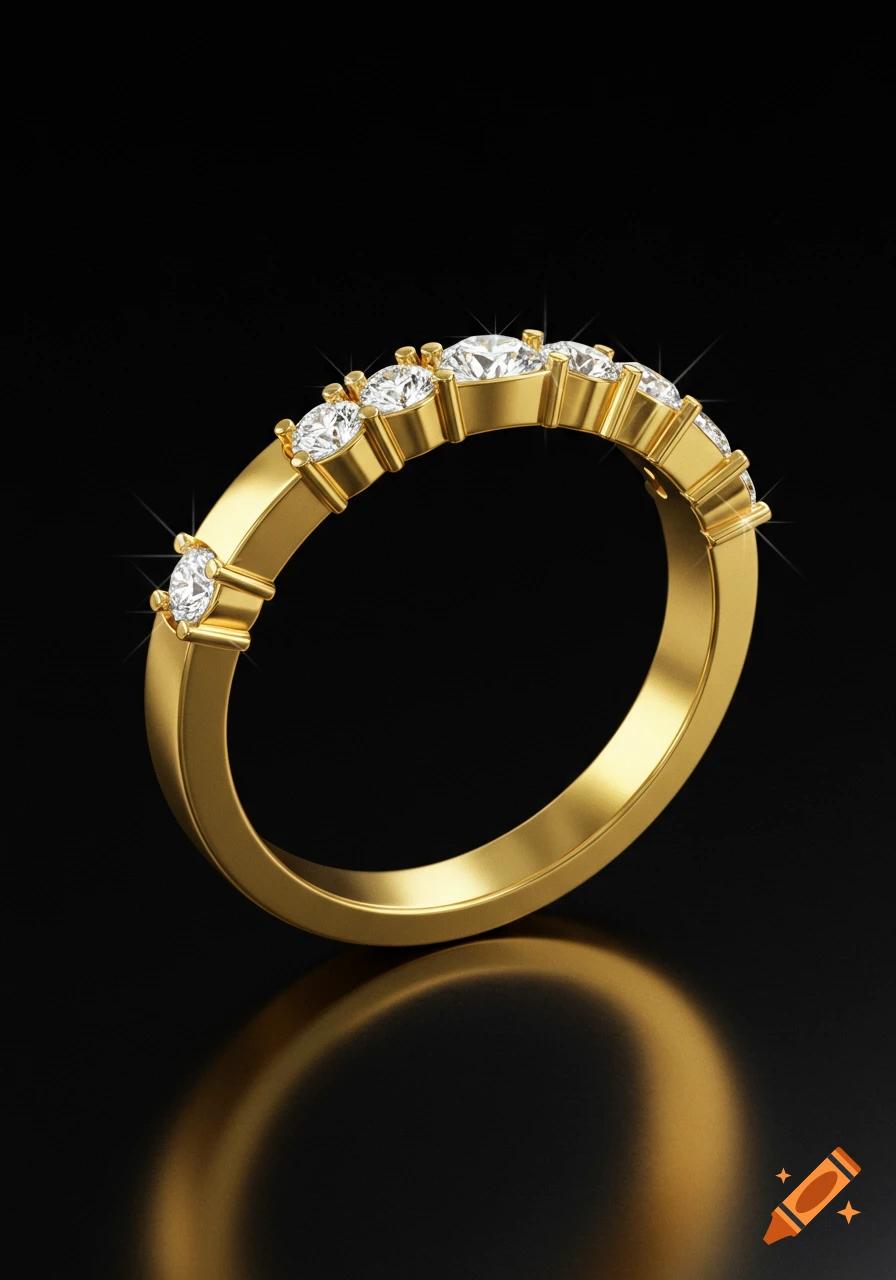 Close-up of a sparkling gold eternity ring with multiple small diamonds on a reflective black surface.