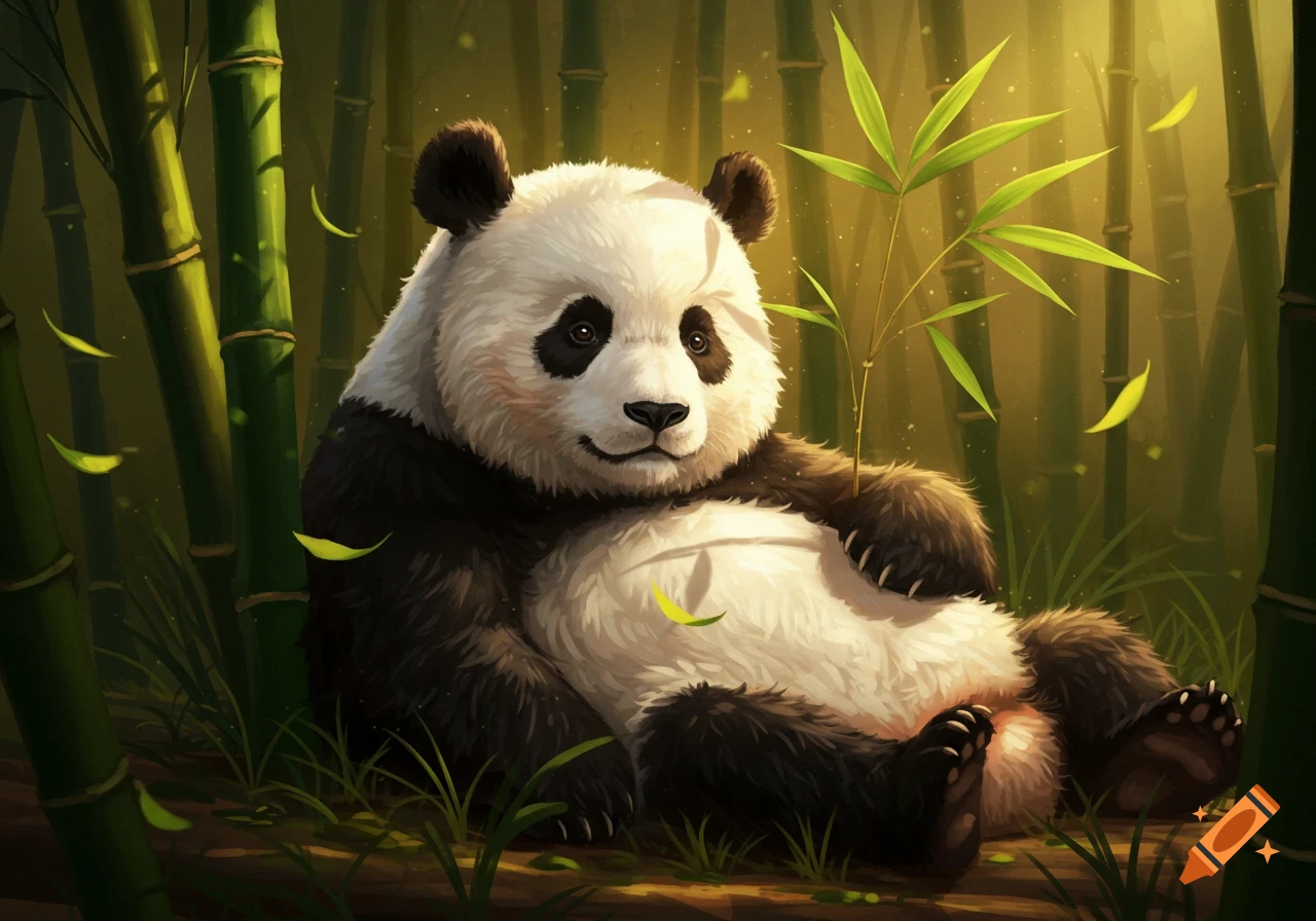 A charming illustration of a fluffy panda sitting peacefully in a sunlit bamboo forest.