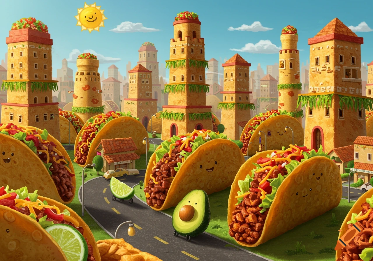 Whimsical cartoon cityscape with buildings shaped like tacos, featuring smiling taco, avocado, and lime characters on roads under a sunny sky.