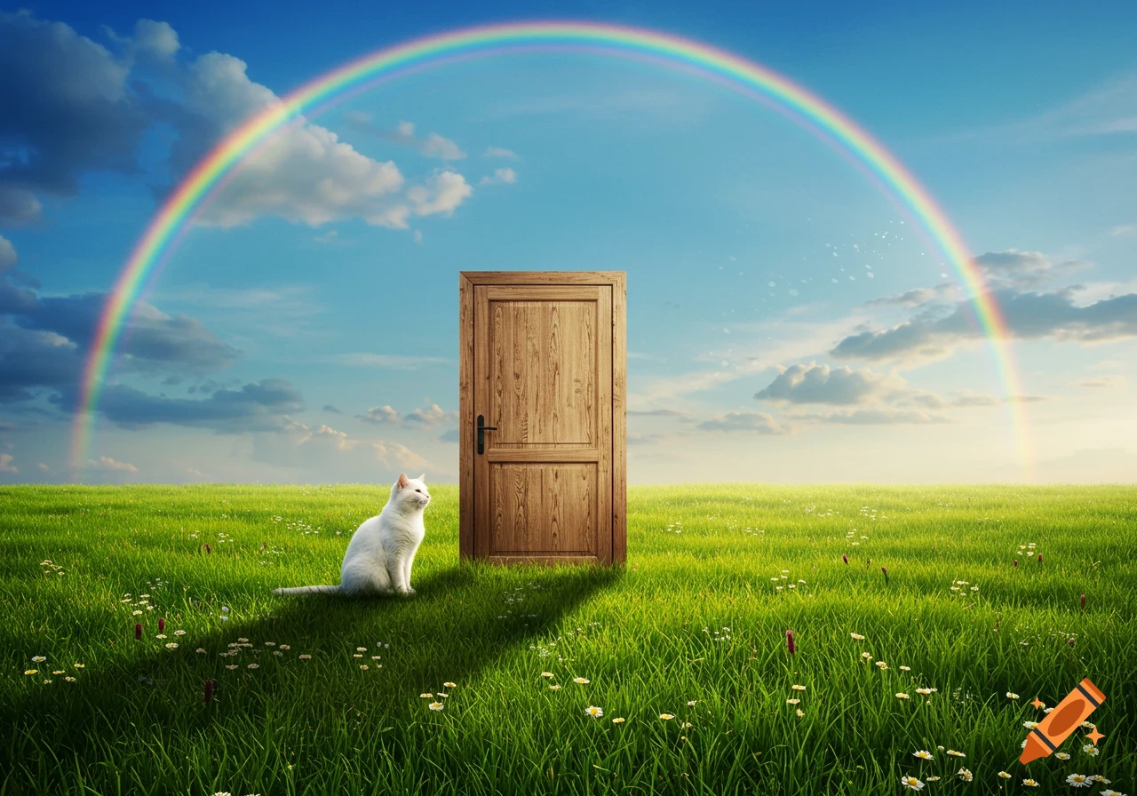 A white cat sits on green grass in front of a wooden door, under a vibrant rainbow arching across a blue sky.