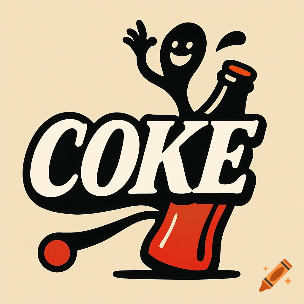 A retro-style logo featuring the word COKE with a black, happy ghost-like character emerging from a red bottle.