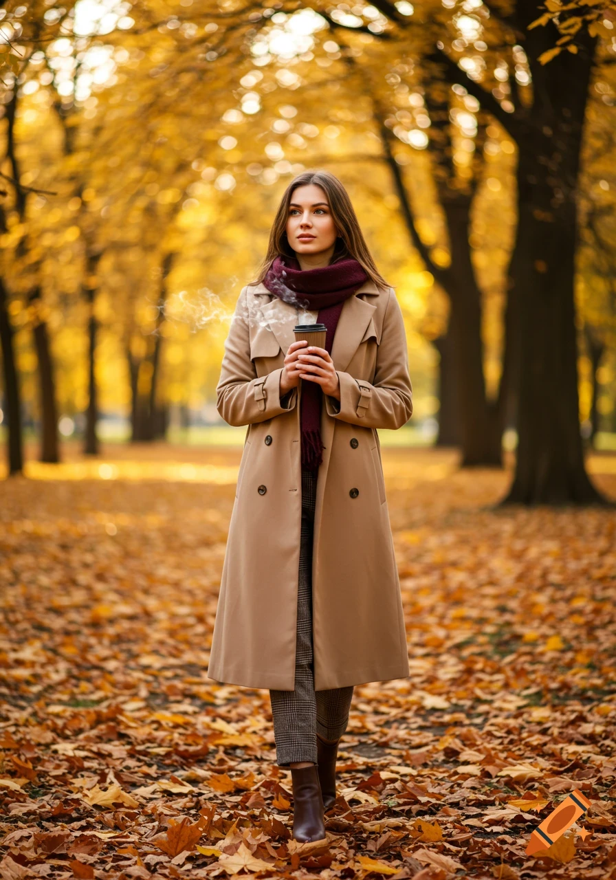 A woman in a trench coat and scarf walks through an autumn park, holding a steaming coffee cup, surrounded by golden leaves.