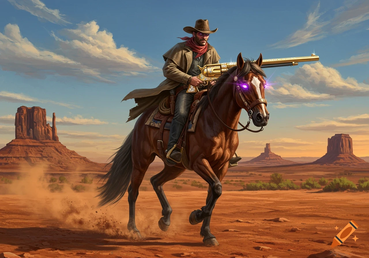 A cowboy on a purple-eyed horse, holding a gold and diamond rifle, rides through a desert landscape with mesas, digital art style.