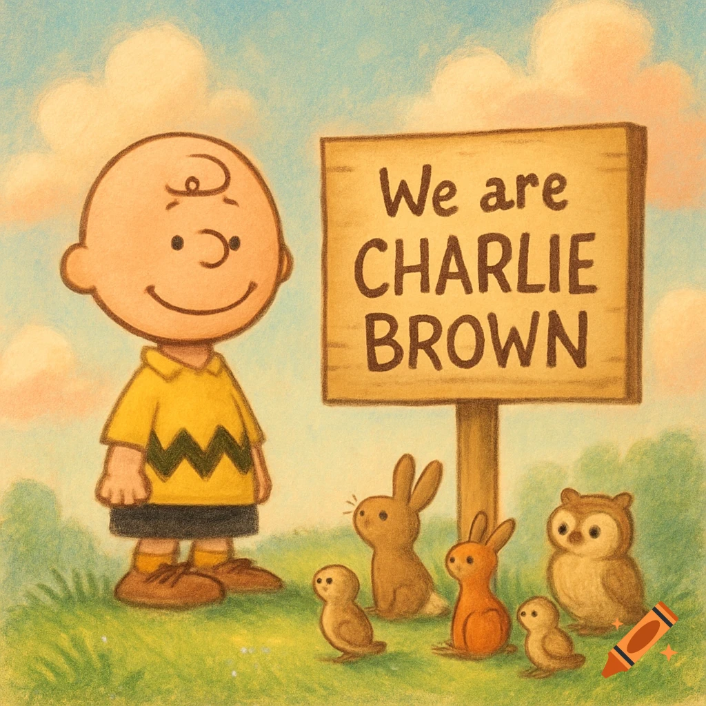 Charlie Brown stands next to a wooden sign reading 'We are CHARLIE BROWN', with small bunnies, chicks, and an owl in a crayon-style illustration.