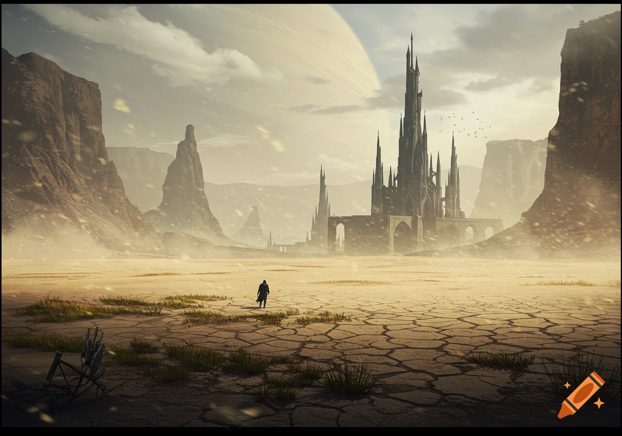 A lone figure walks across a cracked desert plain towards a dark gothic castle. A large planet hangs in the cloudy sky, with towering cliffs flanking the scene.