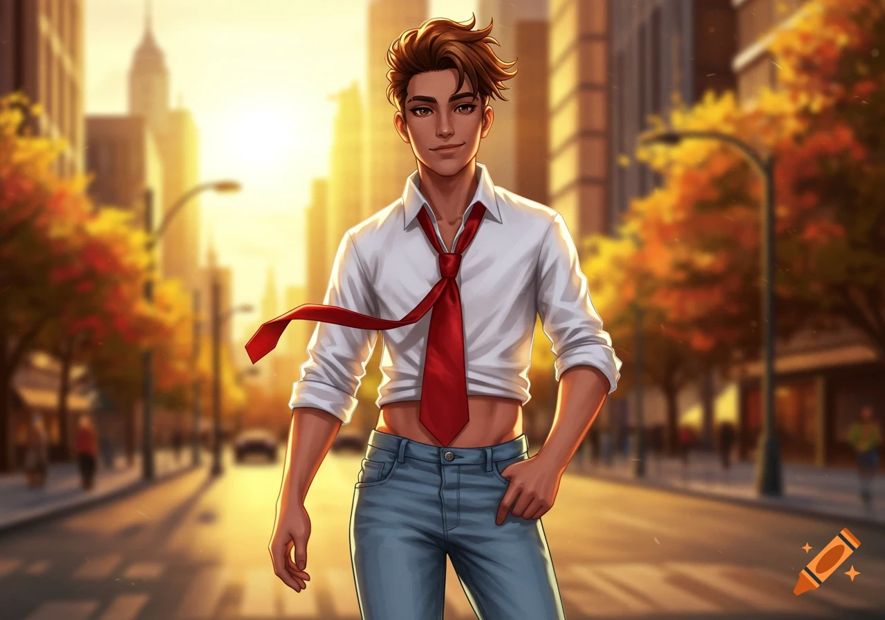 An anime-style young man in a white shirt, red tie, and light blue jeans stands in a sunny autumn city street.