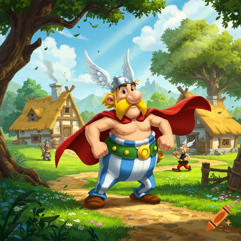 Cartoon of Asterix in a red cape and winged helmet flexing, with Obelix and villagers in a sunny Gaulish village.