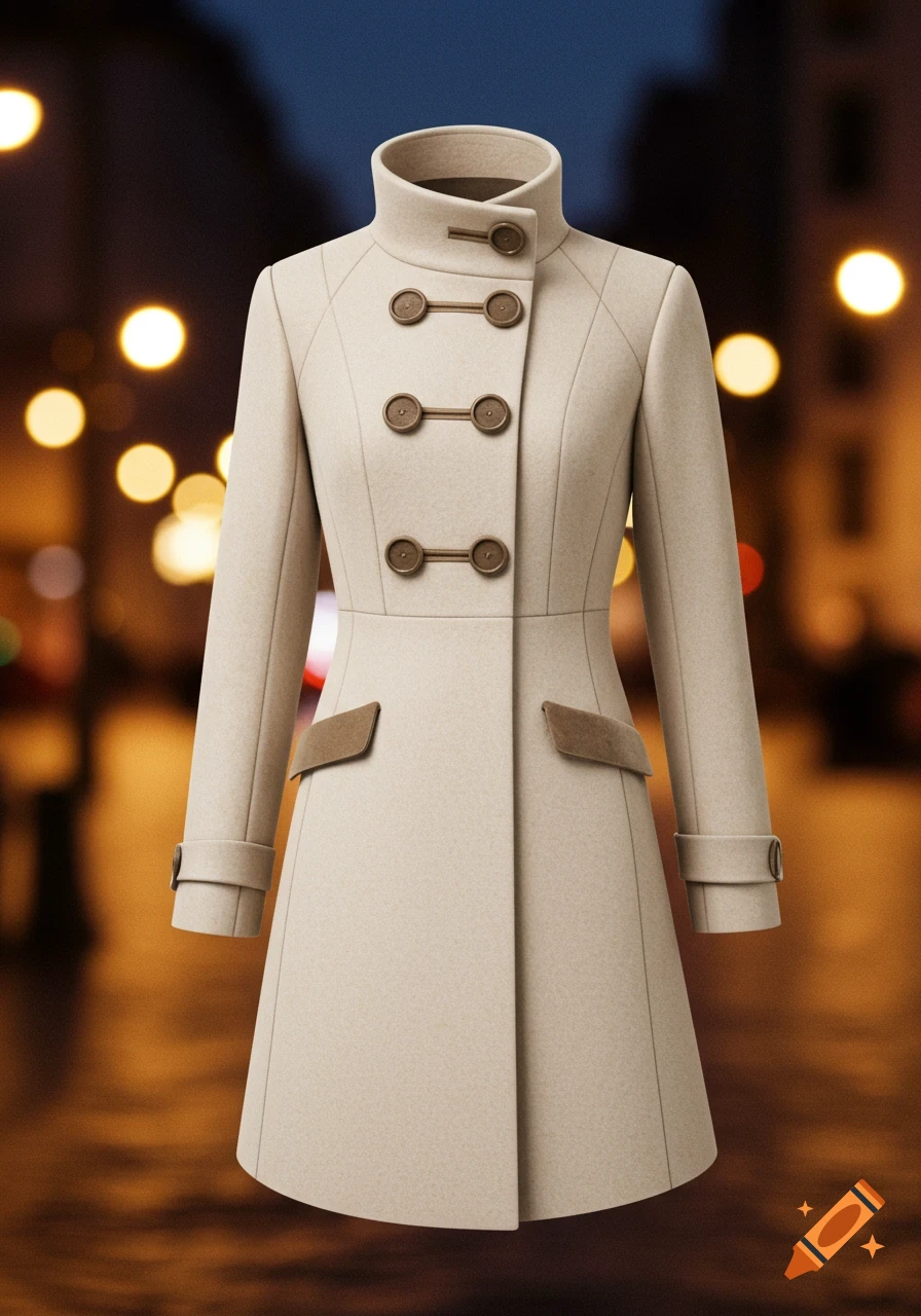 Elegant beige women's coat with a high collar and double-breasted buttons, set against a blurred night city street.
