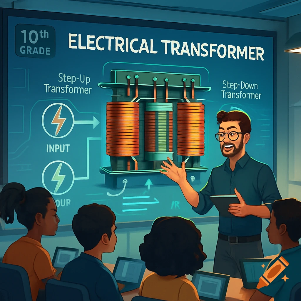 An animated illustration of a male teacher explaining electrical transformers to a diverse group of students in a classroom, with a diagram on a projector screen.