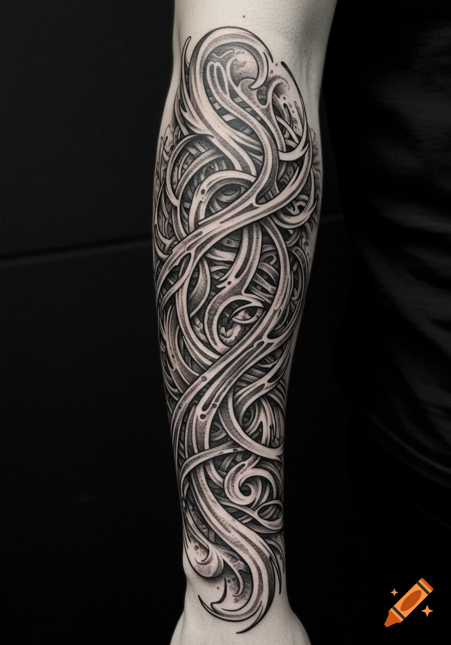 Ornate black and grey abstract tattoo covering a forearm.