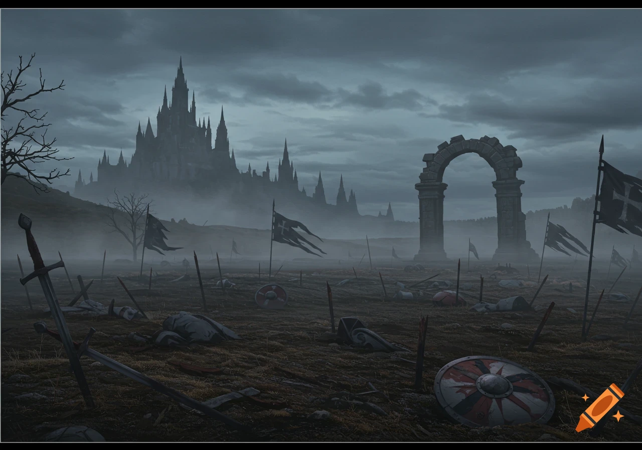 A dark, misty medieval battlefield with a gothic castle in the background, featuring swords, shields, and tattered flags.