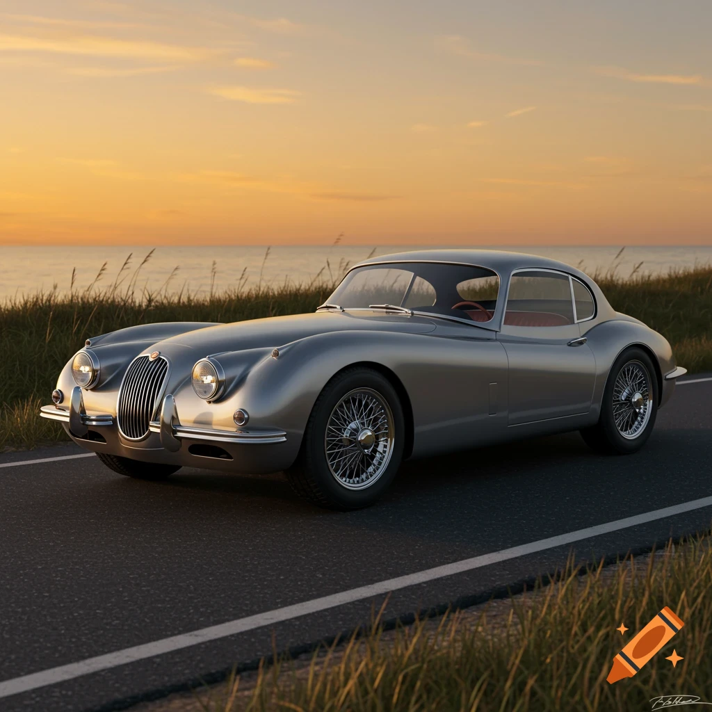 A silver Jaguar XK120 classic car is parked on a coastal road at sunset, with the ocean visible in the background.