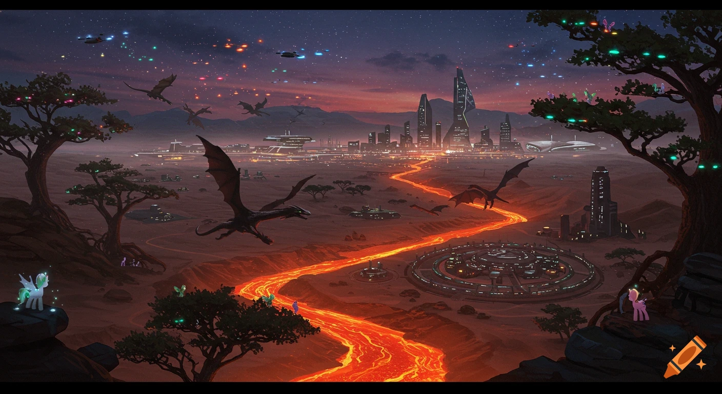 Futuristic desert city at twilight with a glowing lava river, flying dragons, and illuminated ponies on rocks under a starry sky.