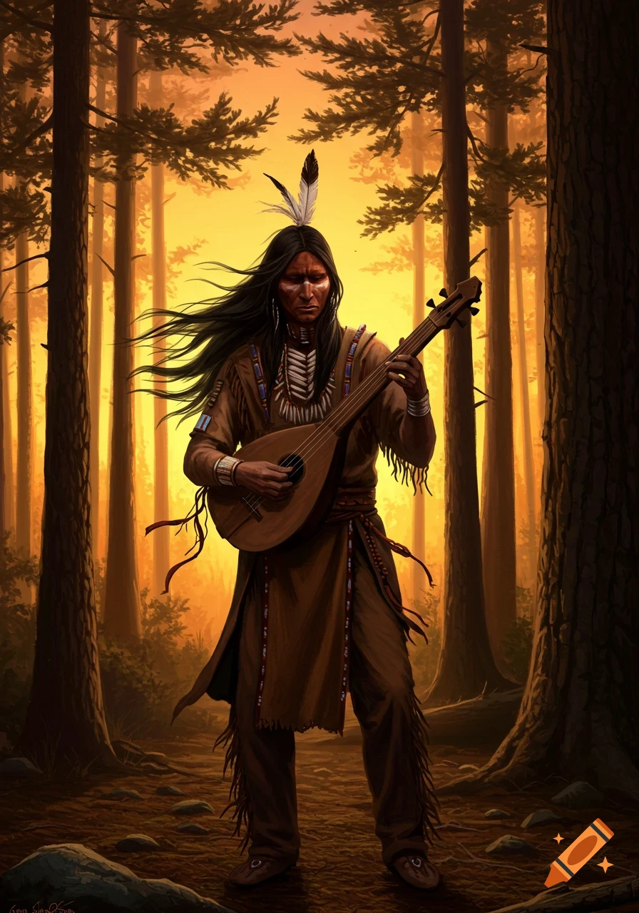 A man with long dark hair, wearing traditional attire and a feather, plays a stringed instrument in a sunlit forest.