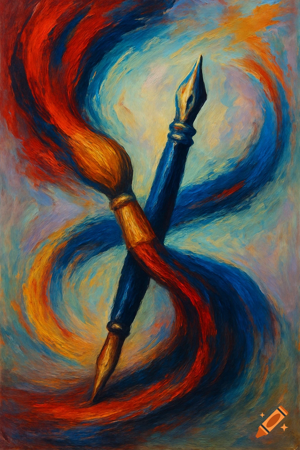 Expressionist painting of a paintbrush and an ink pen nib intertwined with swirling red, blue, and orange paint.