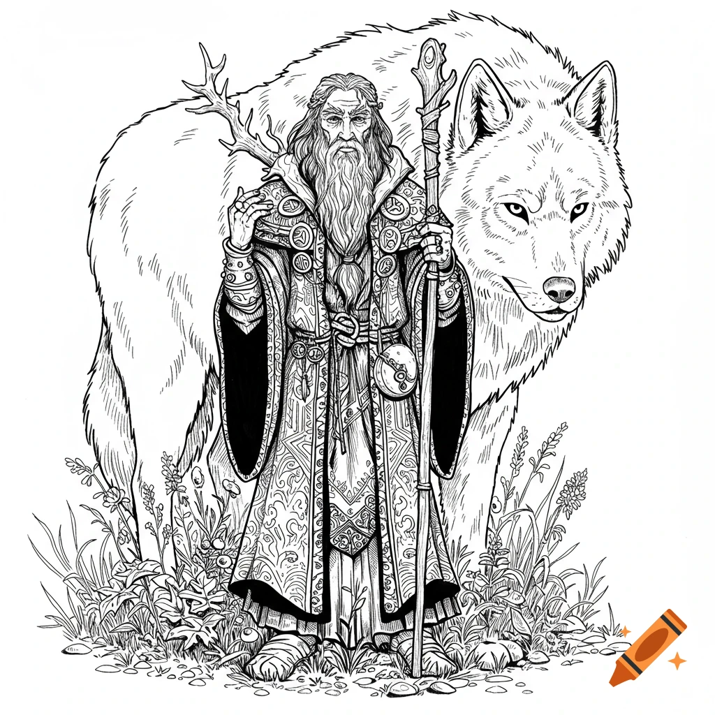 Black and white line art of an old bearded druid with a staff, accompanied by a large wolf, standing in a forest.
