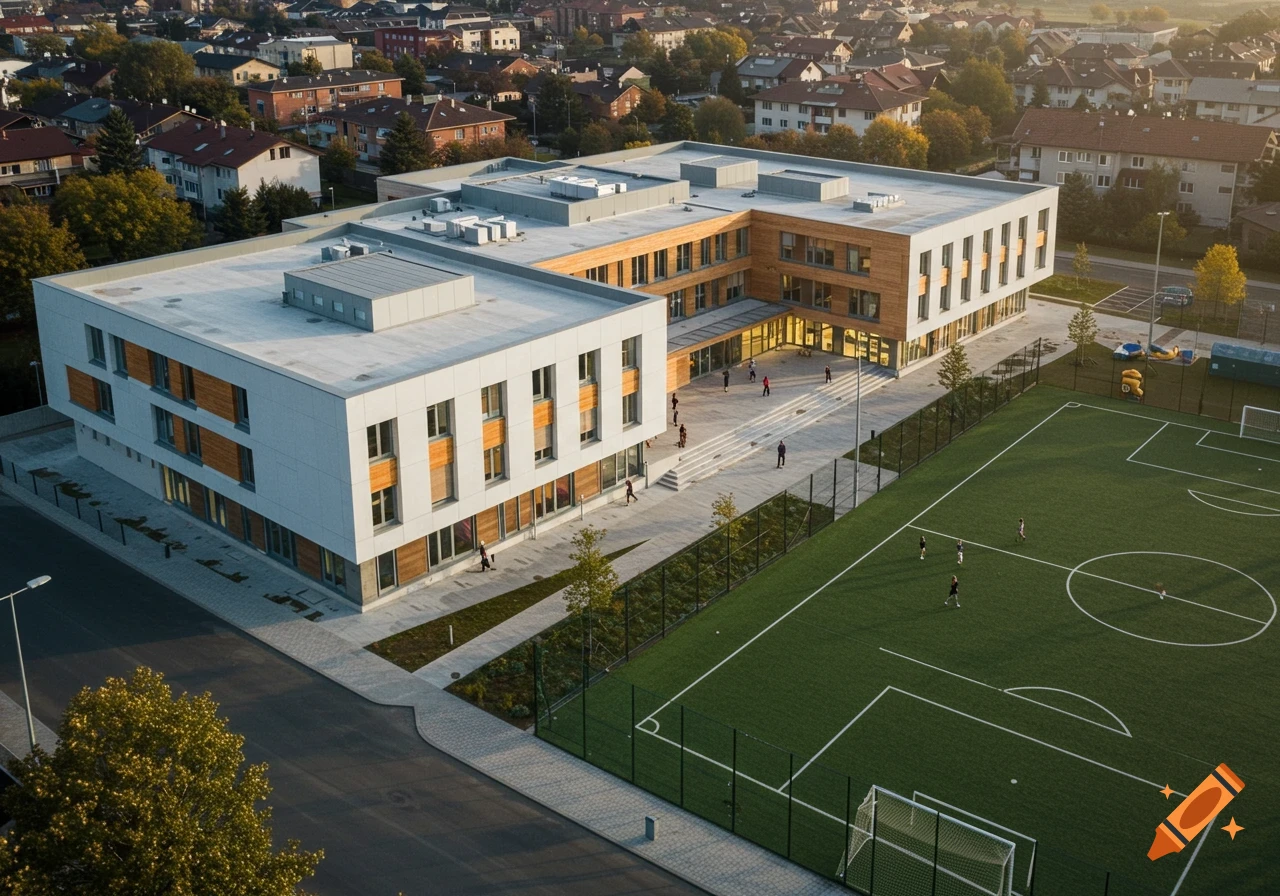 Aerial view of a modern school building with white concrete and wood facades, an open courtyard, and an adjacent green soccer field.