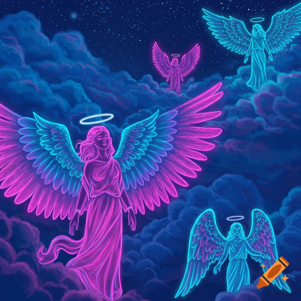 Multiple glowing neon angels with large wings float among dark clouds in a starry night sky.