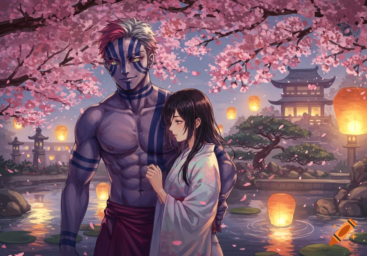 Anime illustration of a muscular man with blue markings and a woman in a kimono under cherry blossoms, with lanterns and traditional Japanese architecture.