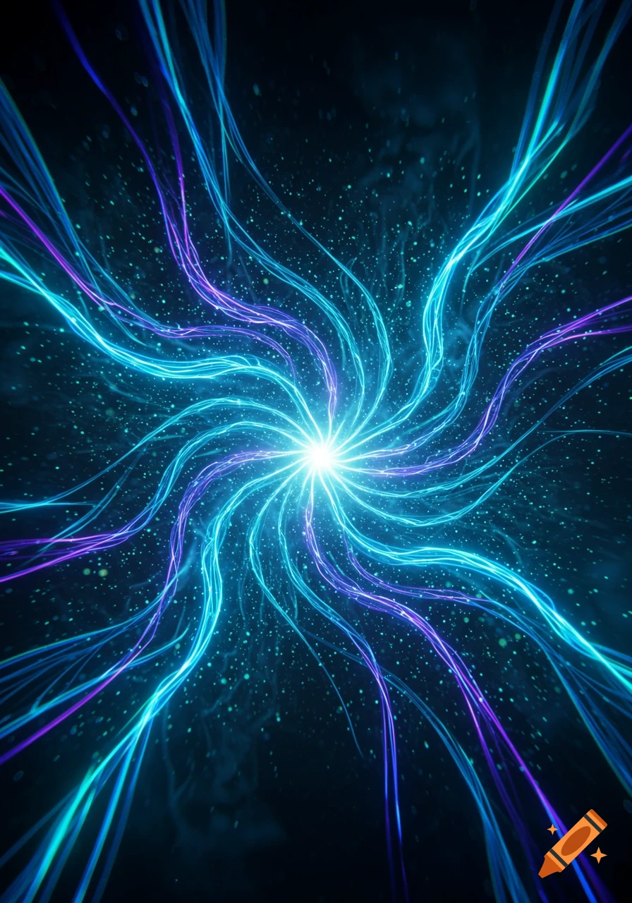 Swirling blue and purple light tendrils emanate from a bright central light on a dark, starry background.