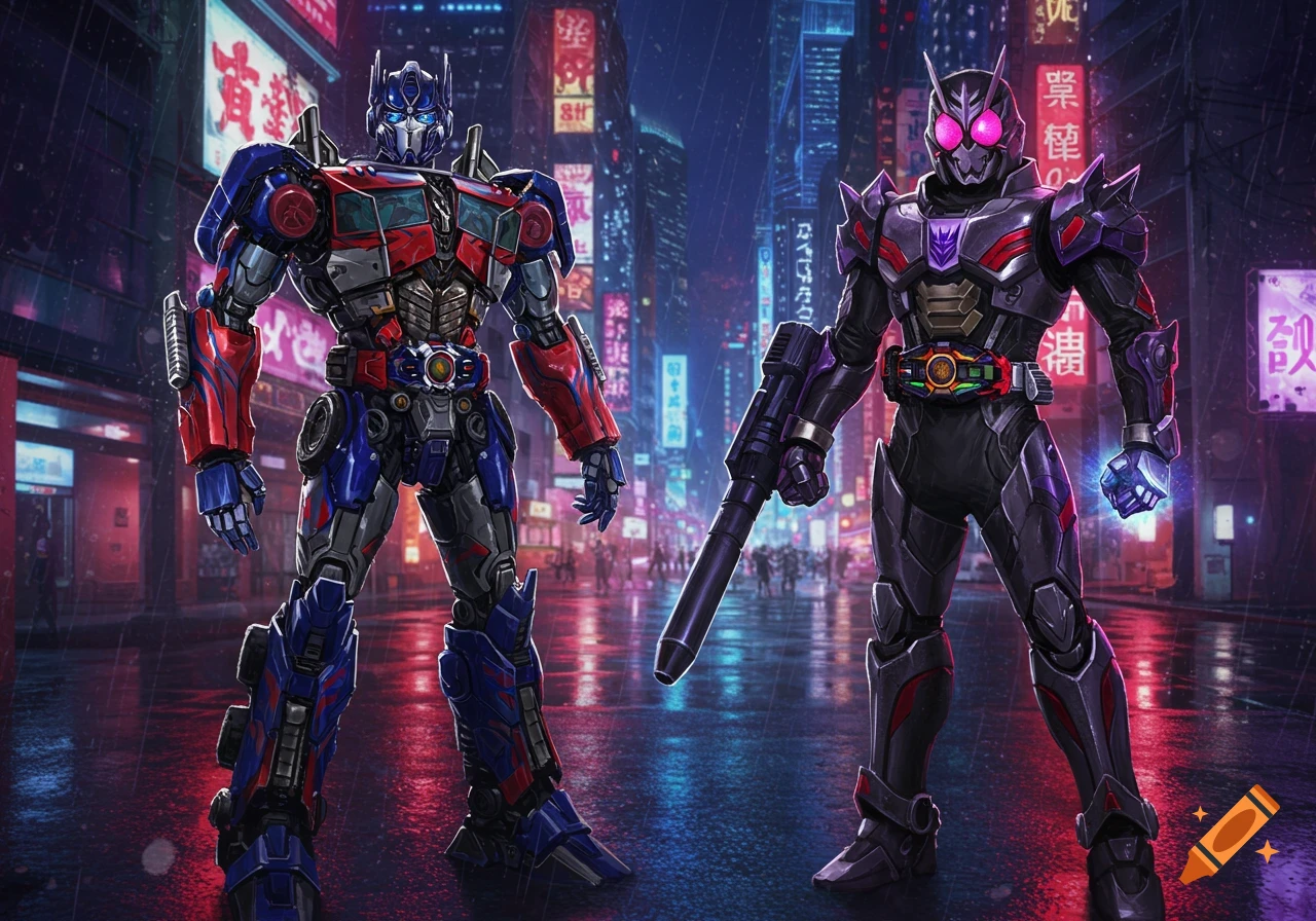 Optimus Prime and a Kamen Rider-like figure stand in a rainy, neon-lit cyberpunk city at night, in an illustrative style.