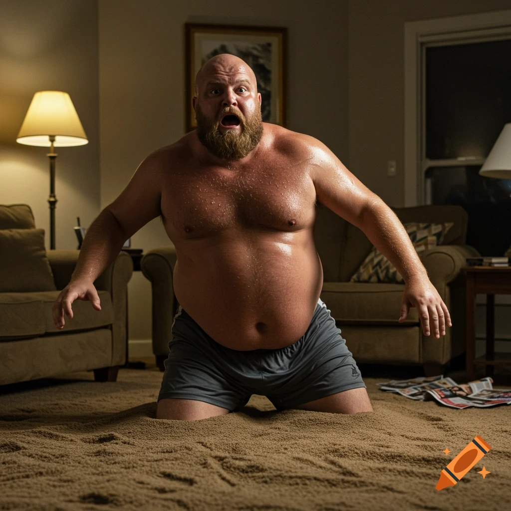 A surprised, shirtless, stout man with a beard sinks into a carpet that has turned into quicksand in a living room.
