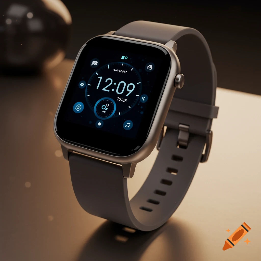 Close-up of a dark grey smartwatch with a black screen displaying 'AMAZFIT' and '12:09' time, on a blurry dark background.