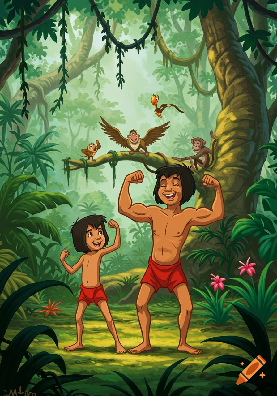 Cartoon of two shirtless boys in red shorts flexing muscles in a lush jungle with monkeys and a snake on a tree branch.