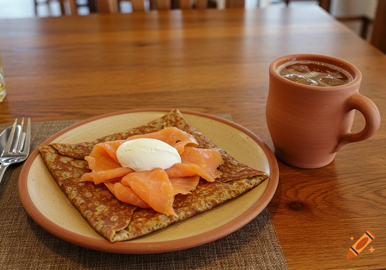 A savory buckwheat crepe with smoked salmon and cream, next to an iced beverage in a terracotta mug on a wooden table.