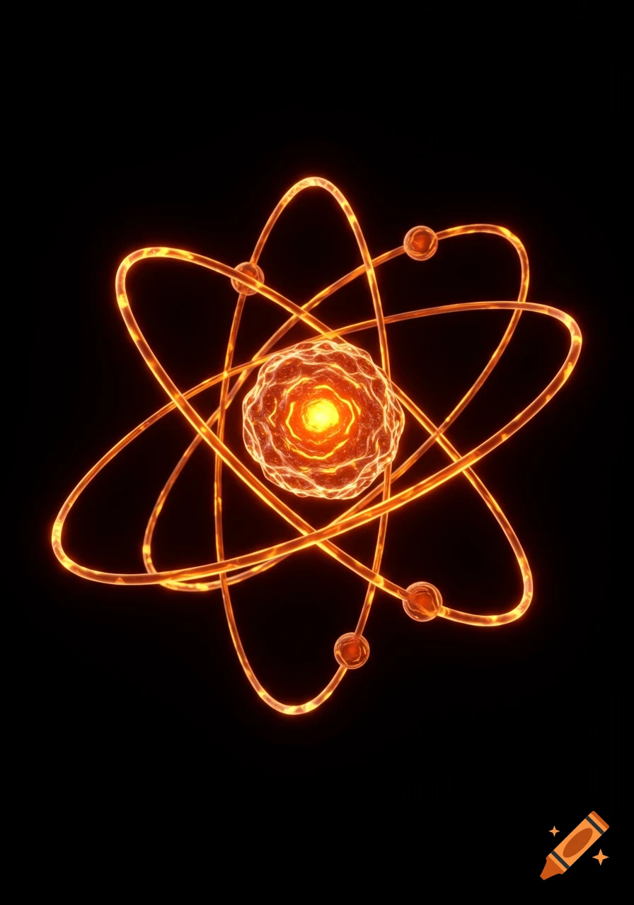 Glowing orange 3D atom model with orbiting electrons on a black background.