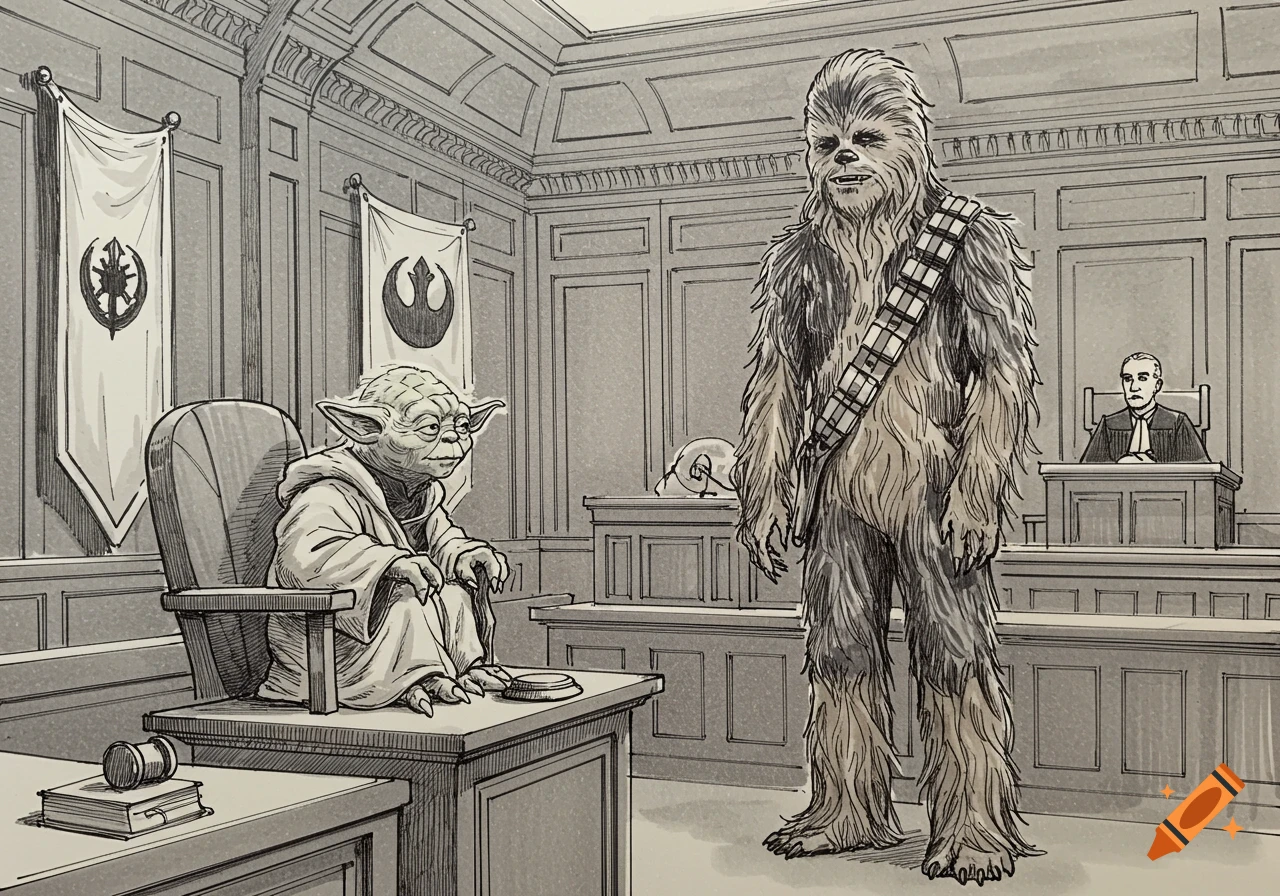 Courtroom sketch of Chewbacca standing before Yoda, who is seated at the judge's bench.