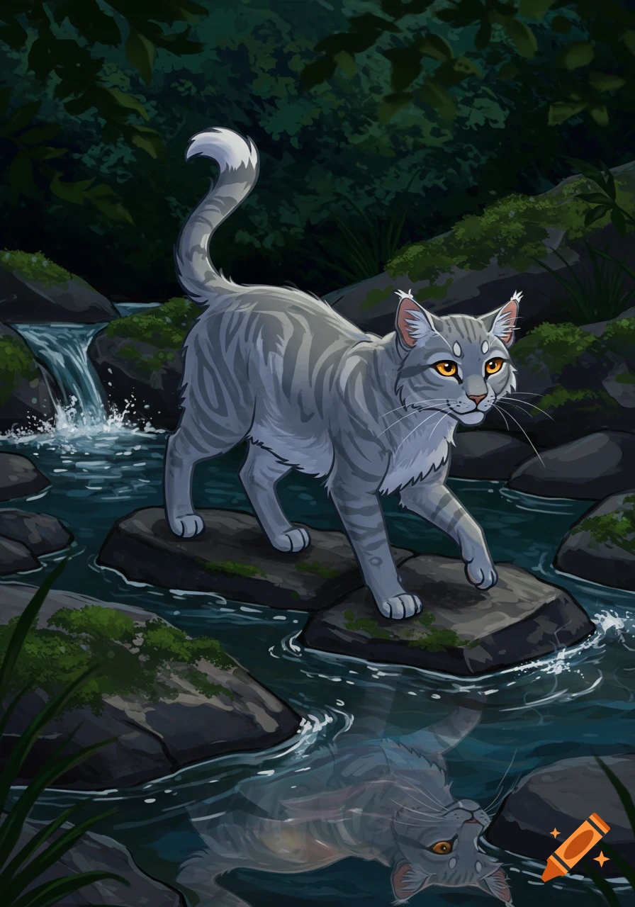 A cartoon silvery-gray tabby cat with amber eyes stands on mossy river rocks, reflected in the flowing water. Lush forest in soft moonlight.