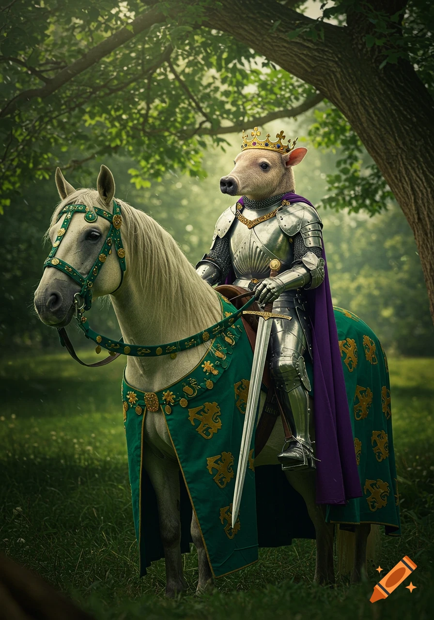 Photorealistic aardvark knight with a crown, in armor, riding a white horse with green and gold barding, in a forest.