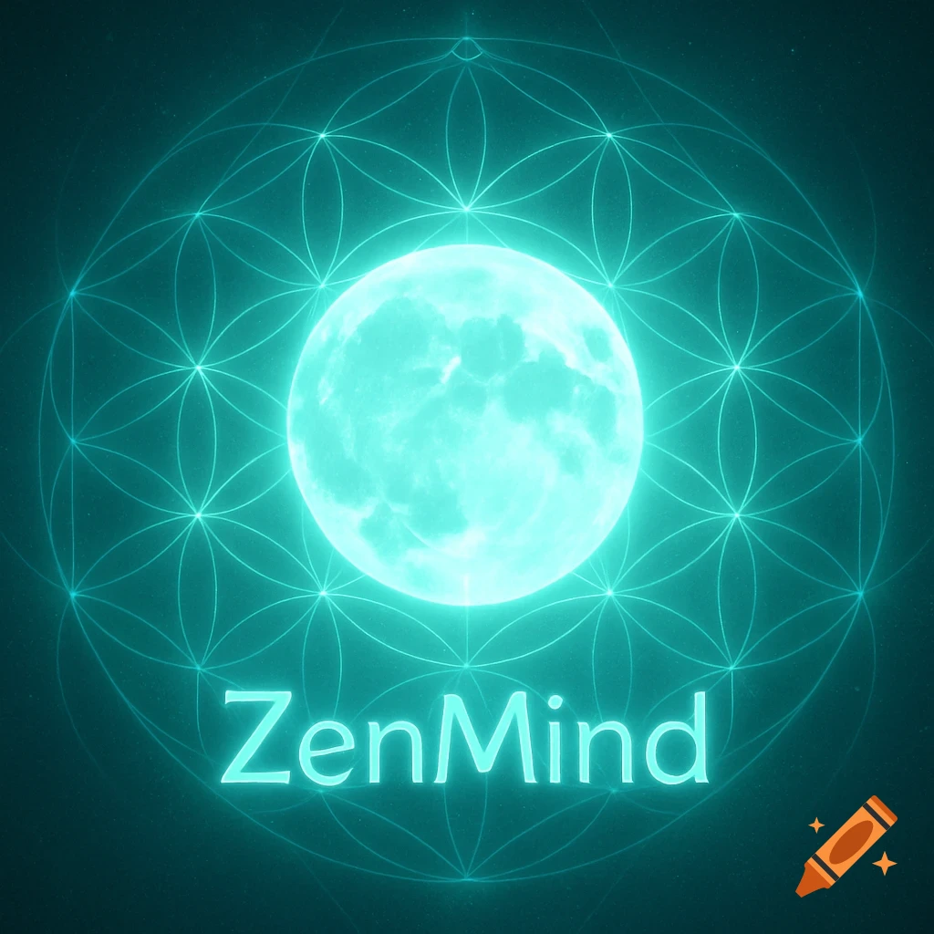 A glowing teal moon with a geometric pattern background and the text 'ZenMind' in a neon style.