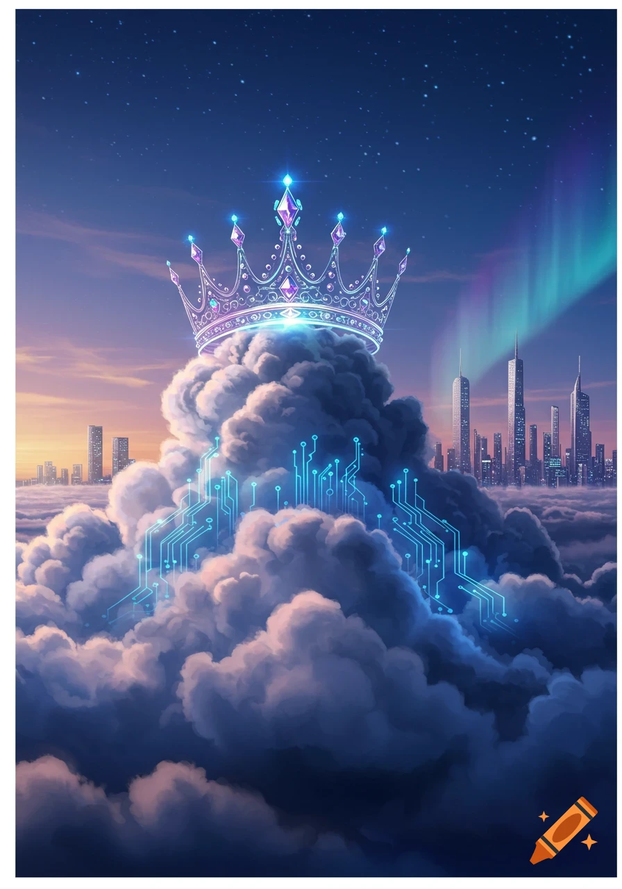 A glowing, bejeweled crown on clouds with blue circuit patterns, above a futuristic city skyline with an aurora in the sky.
