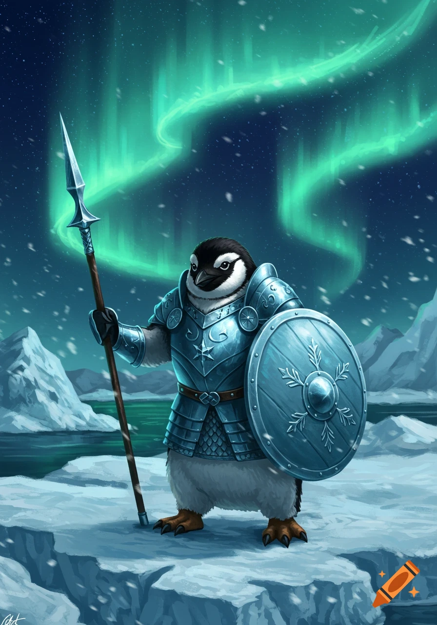 A penguin warrior in blue armor holds a spear and shield, standing on icy ground under a green aurora borealis sky.