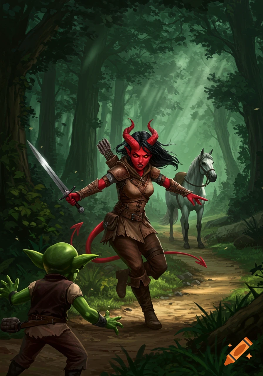 Red-skinned female tiefling ranger with a sword running at a goblin on a forest path, white horse in background. Fantasy art.