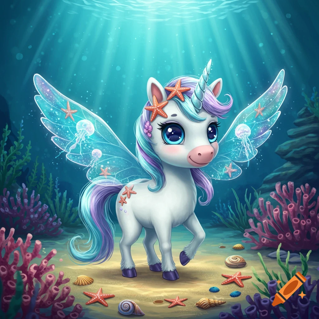 A cute unicorn with transparent, glowing wings stands on a sandy ocean floor surrounded by corals and seashells, in a digital illustration style.
