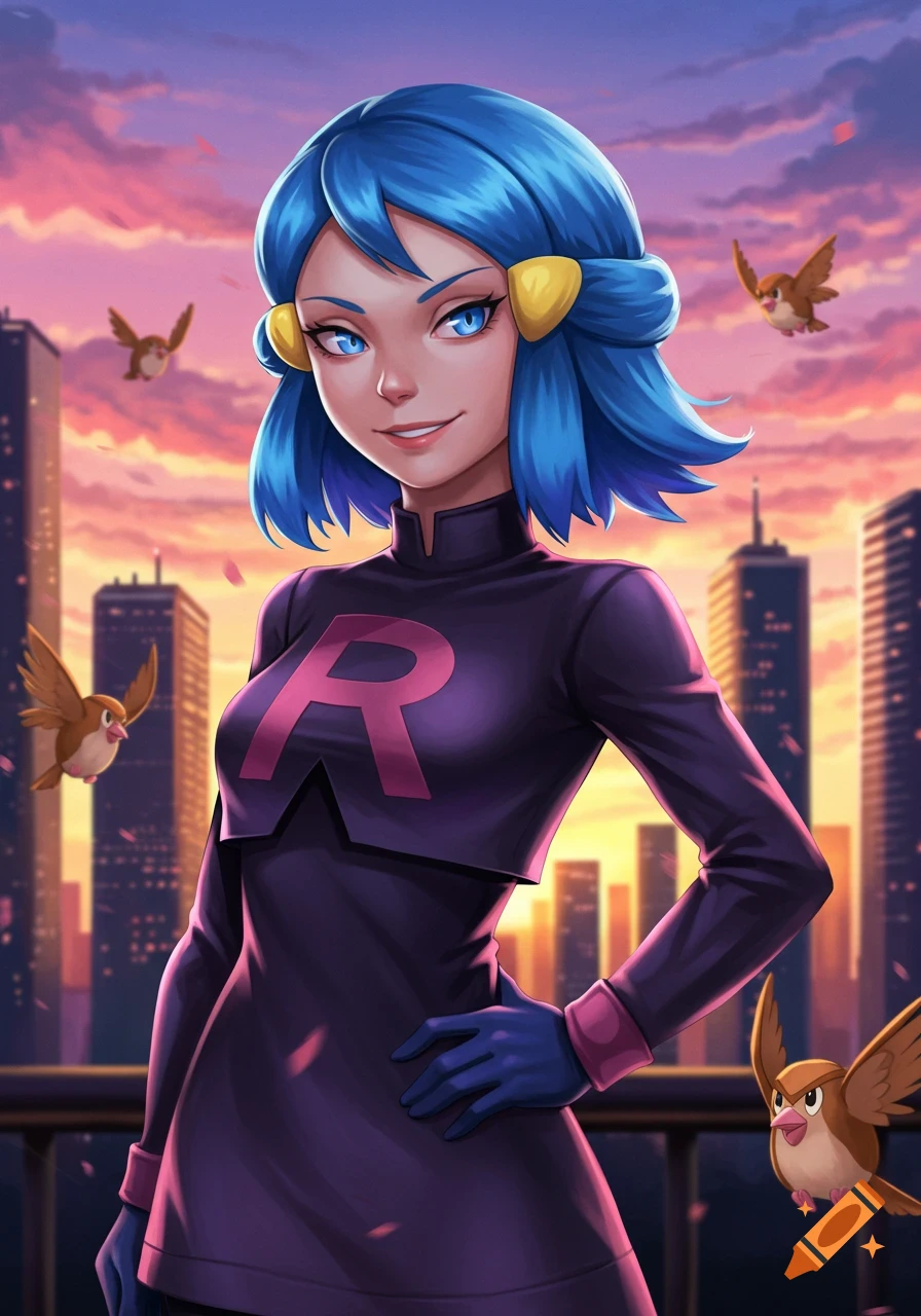 Dawn from Pokemon in a Team Rocket uniform and an evil grin, standing against a sunset city skyline with Pidgey flying around.