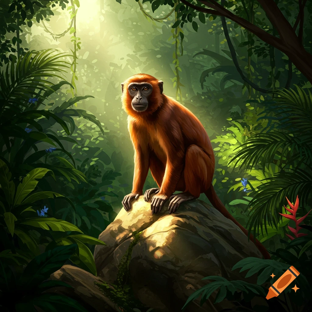 A reddish-brown monkey sits on a sunlit rock in a vibrant, lush jungle.