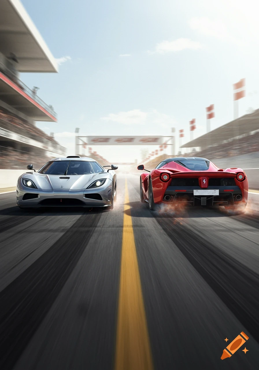 A silver Koenigsegg and a red Ferrari LaFerrari race side-by-side down a track under a clear sky.