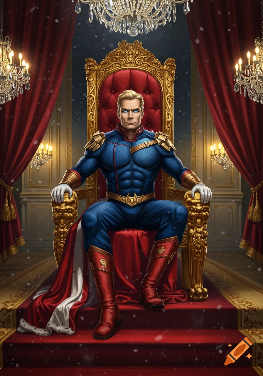 Homelander, with glowing blue eyes, sits on a golden throne in a grand hall, wearing his superhero suit with a red cape.