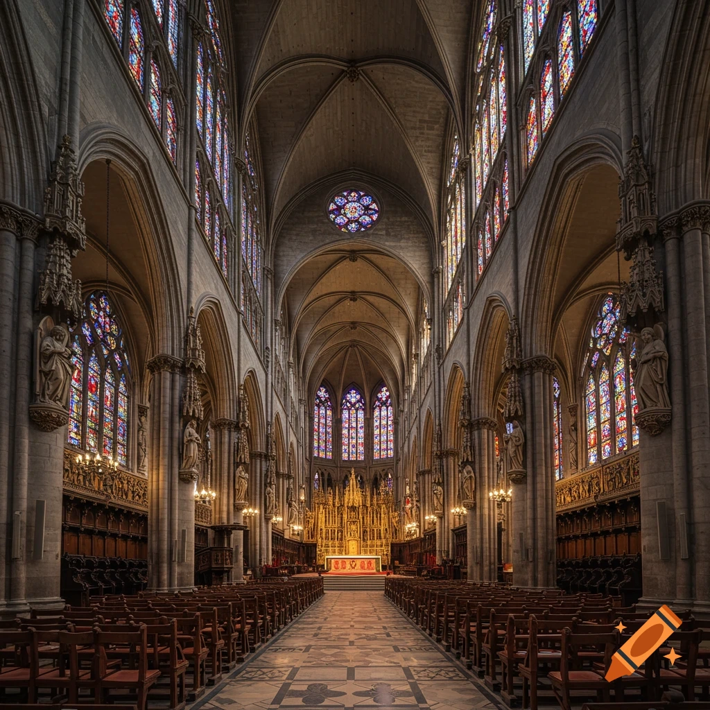 A grand Gothic cathedral interior with colorful stained glass windows, leading to a high altar.