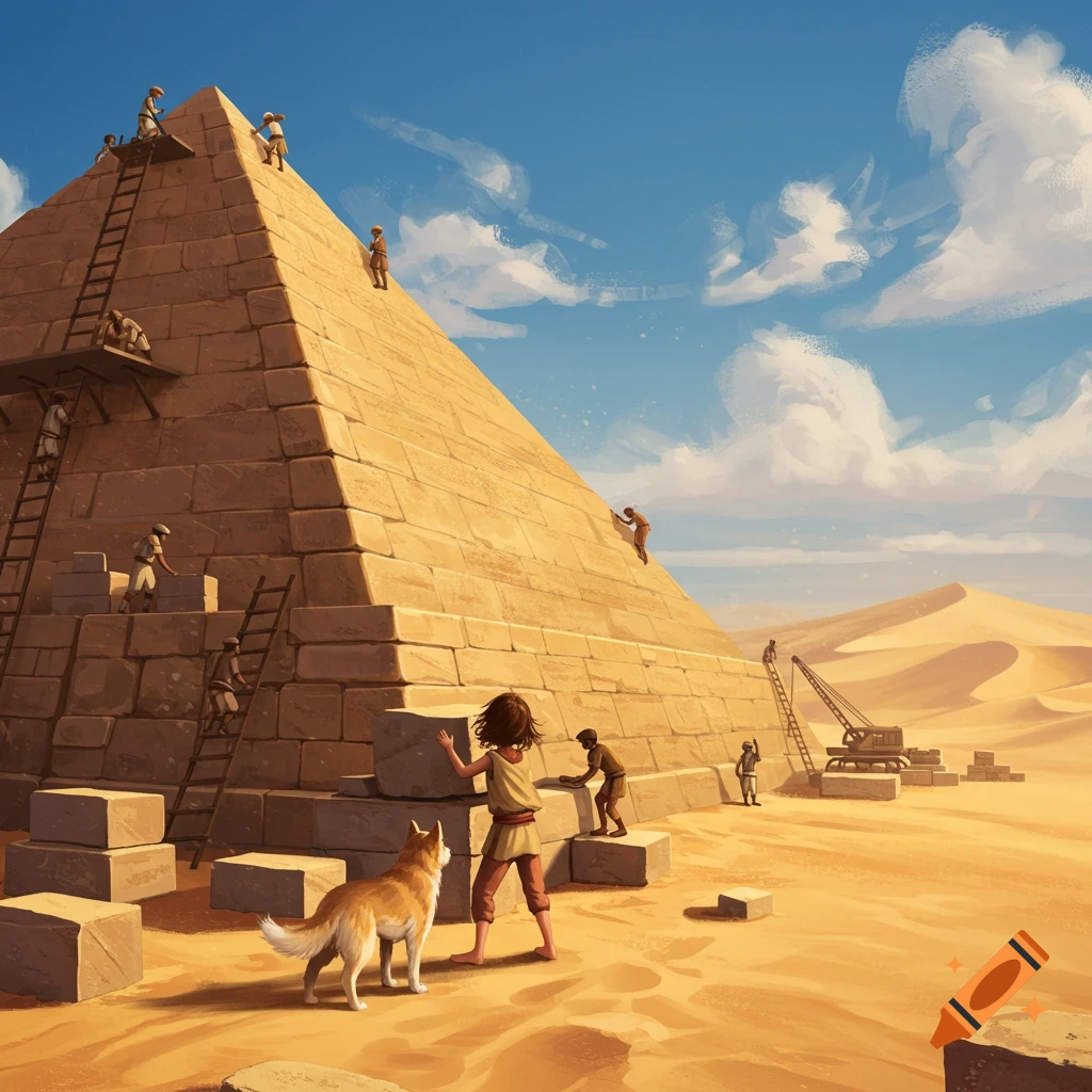 An illustration shows people, a girl, and a dog constructing a large pyramid in a vast desert landscape under a blue sky.